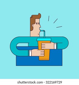 Young man drinking  soda or other cold beverage from the big paper cup with drinking straw. Vector flat design illustration.