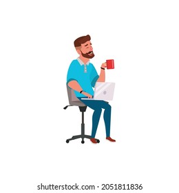 young man drinking tea and check mail on laptop cartoon vector. young man drinking tea and check mail on laptop character. isolated flat cartoon illustration