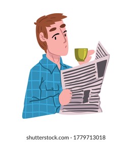 Young Man Drinking Tea or Coffee, Guy Enjoying Drinking of Hot Drink, People Activity Daily Routine Cartoon Style Vector Illustration on White Background