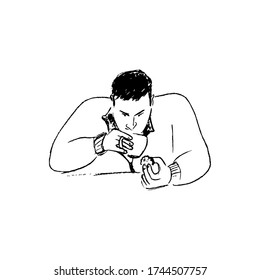 young man drinking tea with cookies black and white linear isolated sketch