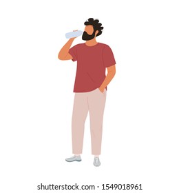 Young man drinking water from bottle. Flat modern trendy style.Vector illustration character icon. Isolated on white background. Daily hydration concept.