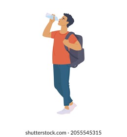 Young man drinking water from bottle keeping water balance importance for healthy lifestyle, flat cartoon vector illustration isolated white background