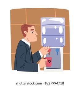Young Man Drinking Water at Cooler, Businessman or Office Worker Daily Routine Cartoon Style Vector Illustration