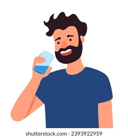 Young man drinking water in flat design on white background.