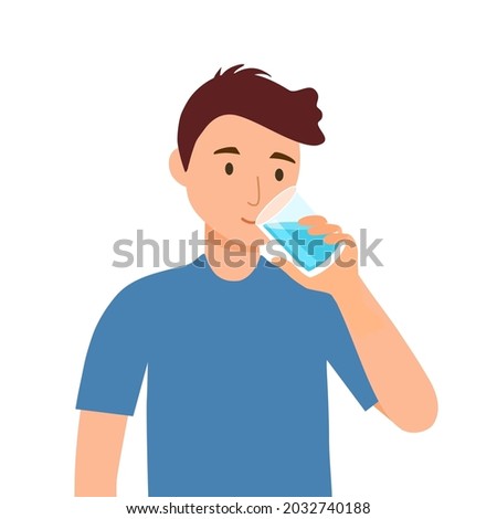 Young man drinking water in flat design on white background. Drink more water for good health.