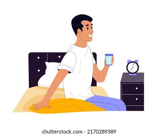 Young man drinking water from glass in the morning. Smiling guy siiting on bed in his room. Healthy lifestyle concept. Color flat vector illustration isolated on white background
