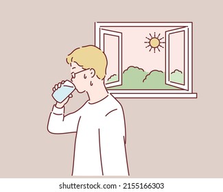 young man drinking water. Hand drawn style vector design illustrations.