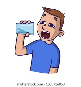 Young man drinking water on a white backgroud. Isolated flat illustration. Cartoon vector image.