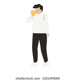 Young Man drinking while standing. Hand-drawn style vector design illustrations.