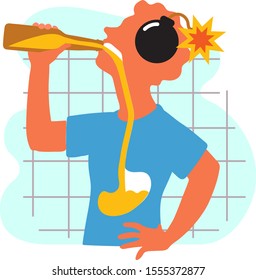 A young man drinks beer and harms his stomach and brain. Anatomical schematic flat vector illustration.
