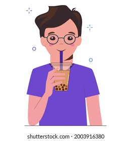 Young man drinks bubble milk tea or pearl milk tea. Taiwanese famous and popular drink with tapioca black pearls. Flat cartoon illustration isolated on white background.