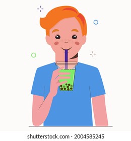 Young man drinks bubble milk tea or pearl milk tea. Taiwanese famous and popular drink with tapioca black pearls. Flat cartoon illustration isolated on white background.