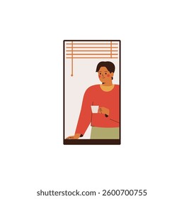 young man drinks coffee and looking thought the window in the morning at home or office. male relaxing at home, calm leisure, looking out and inhaling fresh air. Vector illustration