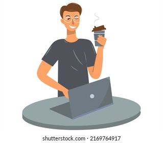 A young man drinks coffee from a plastic cup while working. A man in glasses with a laptop. Energetic active office worker or freelancer. Work, study, rest. Freelance. Vector isolated, flat style.