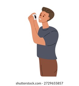 Young man drinks coffee from white cup. Cup in hands. Cartoon Flat vector illustration isolated on white background. Man enjoying his black drink. Coffee break or breakfast americano drink.