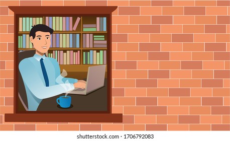 Young man drinks a cup of tea while working from home during the quarantine caused by covid-19