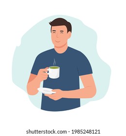 Young  man drinks green matcha tea. Matcha latte healthy drink.  Japanese tea culture. Asian culture. Boy with cup drink healthy herbal beverage. Relaxion, meditation.Cartoon Vector Illustration 