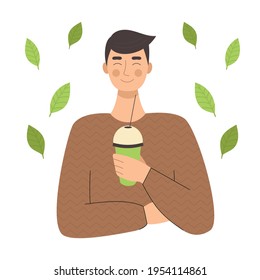 Young man drinks matcha tea in a plastic cup. Japanese traditions, green tea, coffee to go. Coffee house. Flat illustration