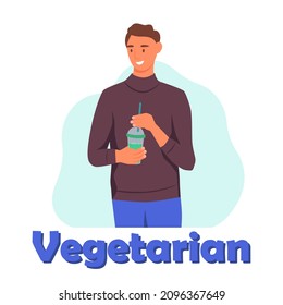 A young man drinks a smoothie, fresh juice, a cocktail. The concept of proper nutrition, healthy lifestyle. Flat cartoon illustration.
