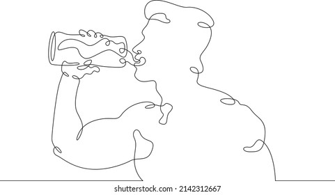 A young man drinks water from a glass. Satisfy your thirst after exercise.One continuous line drawing. Line Art isolated white background.
