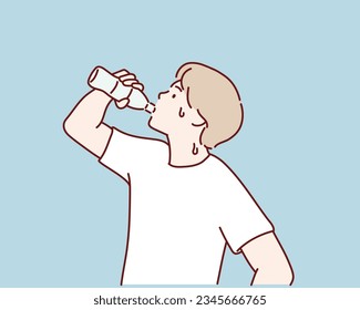 young man drinks water on a bottle. Hand drawn style vector design illustrations.