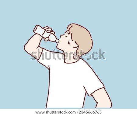 young man drinks water on a bottle. Hand drawn style vector design illustrations.