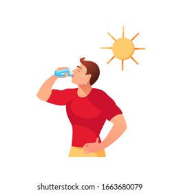 A young man drinks water under the scorching sun isolated on a white background. Vector illustration