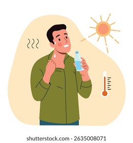 Young man drinks water under the scorching sun. Hot summer weather. Vector cartoon flat style illustration