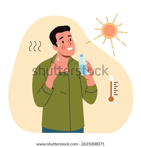 Young man drinks water under the scorching sun. Hot summer weather. Vector cartoon flat style illustration