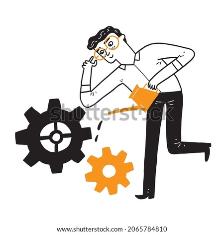 A young man dripping engine oil on a gears, Hand drawing Vector Illustration doodle line art style.