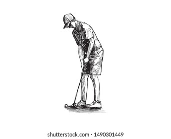 A young man drive golf, Hand draw sketch