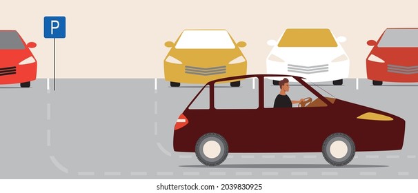 Young man driver drives out, free parking lot. Flat vector stock illustration. Free parking lot for the car. Place for transport. Driver in the parking lot. Parking markings. Vector graphics