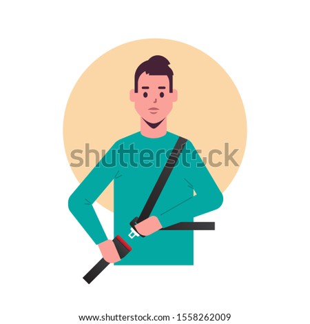 young man driver or passenger fastening seat belt before driving lifesaver safe trip safety first concept flat portrait vector illustration