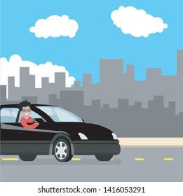 The young man drives a black car on the road in the daytime.