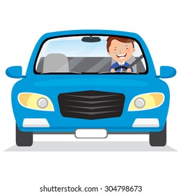 Young man driving blue car. Vector illustration of a cheerful man driving on isolated background.