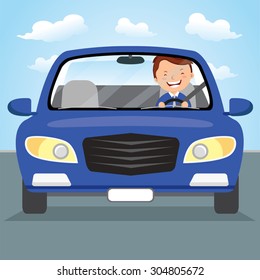 Young man driving blue car on the road. Vector illustration of a cheerful young man driving.