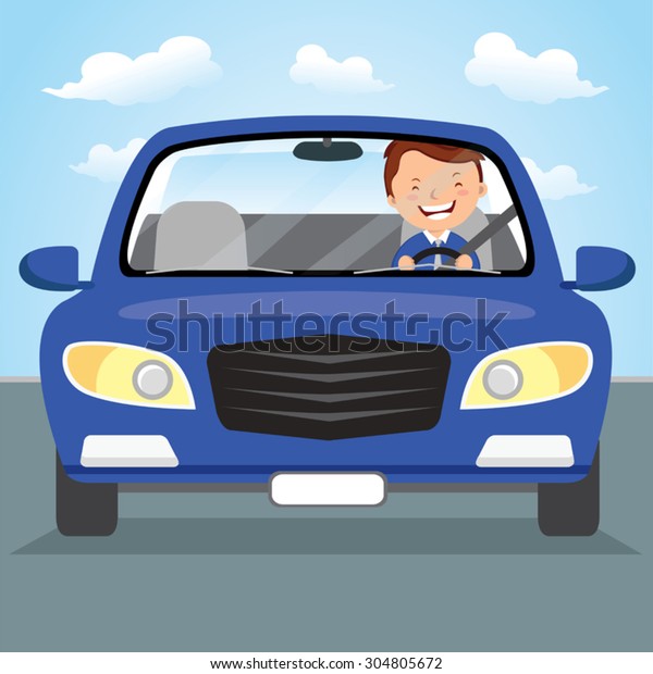 Young man driving blue car on the\
road. Vector illustration of a cheerful young man\
driving.