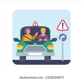 Young man driving car with instructor, woman teaching road sign. Student passing exam successfully. Getting driving license concept. Vector flat illustration in blue colors