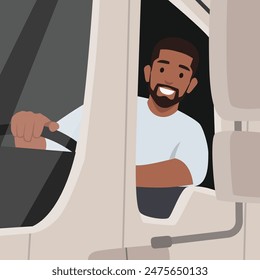 Young Man Driving a Delivery Truck. Flat vector illustration isolated on white background