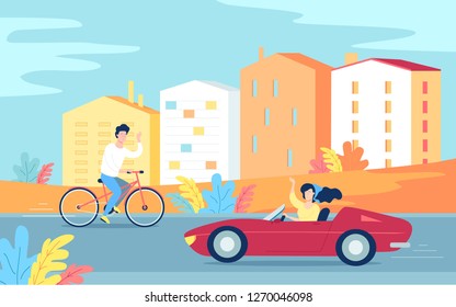 Young man driving his bicycle and young woman driving her red car on the road flat vector illustration