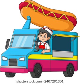 Young man driving Hot Dog Food Truck of illustration
