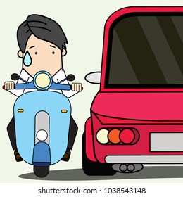 Young man driving a motorcycle With great caution When the car goes into the narrow. Flat vector illustration design.