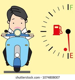 Young man driving a motorcycle With great caution When look at into the gas meter. Flat vector illustration design.