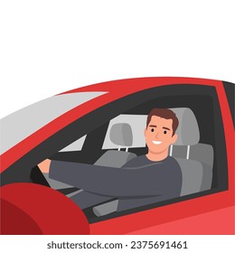 Young man driving the red car side view profile. Looking at viewer. Flat vector illustration isolated on white background