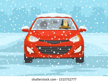 Young man driving a red mini car on a snowy city road. Front view. Flat vector illustration.