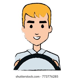 young man driving with steering wheel