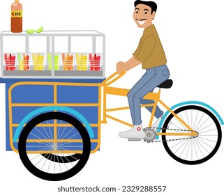 Young man driving a trycicle carring a traditional showcase full of plastic cups with fruit