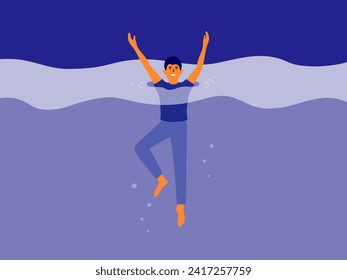 Young man drowning in deep muddy water vector illustration. Male alcoholism, addiction, mental illness, crisis depression, loss of life balance concept. Scared boy goes to bottom shouting ask for help