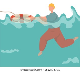 Young man is drowning in the deep ocean.