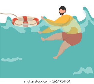 Young man is drowning in the deep ocean. His is thrown a life buoy.